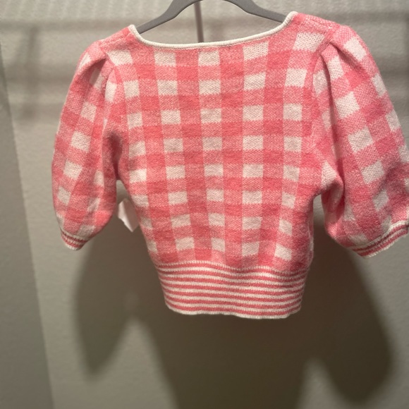 Pink and white plaid knitted crop medium sweater - Picture 3 of 4